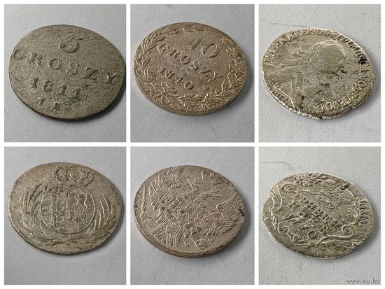 Монета Гривенник 1770, 10 грошей 1840, 5 грошей 1811. Одним лотом 3 монеты. С рубля.
