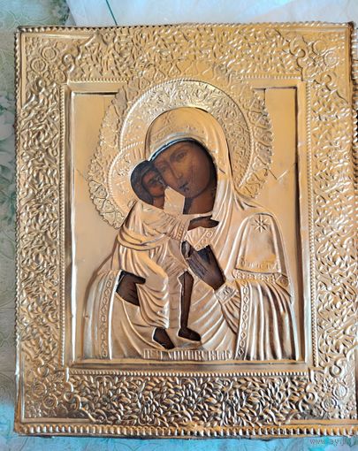 Икона Божией Матери Федоровская, 19 век! Оклад позолота! Люкс. С рубля без мнц!