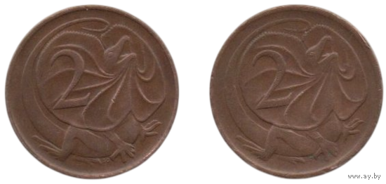Содружество Австралии ( Австралия ). 2 цента 1966, 1972. Фауна. Плащеносная ящерица. Цена за одну монету.