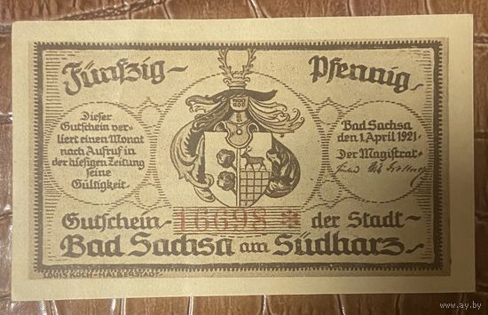 Нотгельд , 50 пфеннигов Бад-Закса 1921 год. Веймарская республика