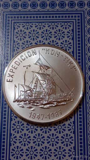 Куба 5 песо 1987 парусник Кон тики серебро