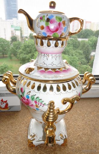 Самовар сувенирный фарфоровый 25 см. СССР . Гжель