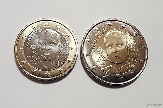 Монако 1 и 2 евро 2025 Князь Альбер II Регулярные. Новый чекан. UNC из ролла