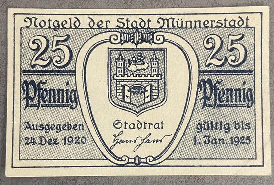 Нотгельд Мюннерштадт 25 пфеннигов 1920 год. Веймарская республика