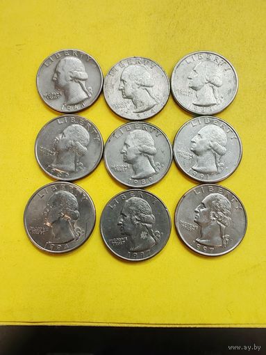 1/4 доллара разных годов 9 шт. . СМОТРИТЕ ДР. МОИ ЛОТЫ! Большая распродажа!