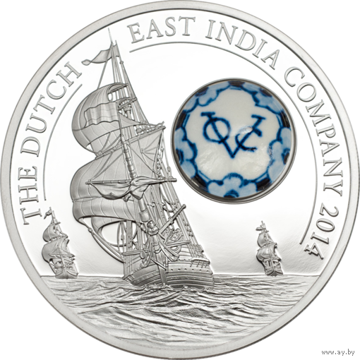 RARE Острова Кука 10 долларов 2014г. Royal Delft: "Голландская Ост - Индийская Компания. Корабль". Фарфор. Монета в капсуле, подарочном футляре; номерной сертификат; коробка. СЕРЕБРО 50гр.