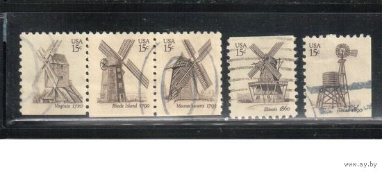США-1980, (Мих.1415-1419) , гаш.  , Стандарт, "Американа", Мельницы(полная серия)