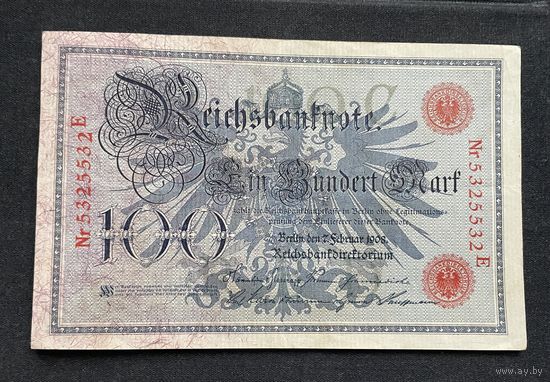 100 марок 1908 год / Германская империя банкнота тип 1883 года Blauer Hunderter / номер семь знаков, красная печать (4)