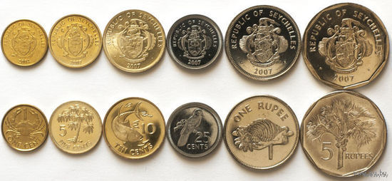 Сейшелы набор монет 1, 5, 10, 25 центов; 1, 5 рупий, UNC. Сейшельские острова. Краб. Рыба-меч. Попугай. Пальма. Герб. Сторгуй за свою цену, предложи обмен! Y320