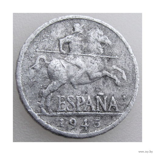 Испания, 5 сентимо 1945 г., сост. VF, KM #765, животные, всадник