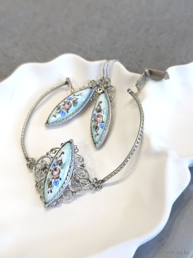 Серьги и браслет скань, цветочная финифть, винтаж, СССР, мельхиор