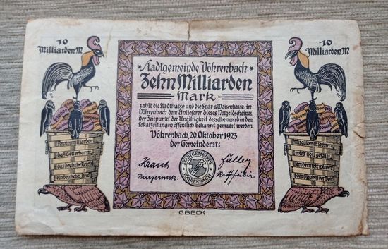Werty71 Германия 10 миллиардов марок 1923 банкнота Фёренбах Баден петухи
