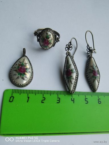 Винтажный полный набор финифть, Мельхиор ручная роспись СССР в очень хорошем состоянии самая привлекательная цена трёхдневный аукцион