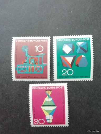 ФРГ 1968 Серия из трех марок "История развития науки и техники. 150 лет печатной машине, 100 лет микроскопам, 1000 лет добыче ископаемых в Гарце" (чистые**) Мi:546-548 каталог 0.60 евро