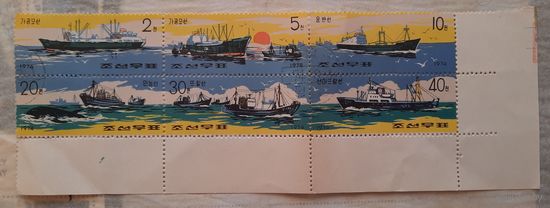 КНДР 1974г. Серия из 6 марок в угл.сцепке. Корабли. гаш.
