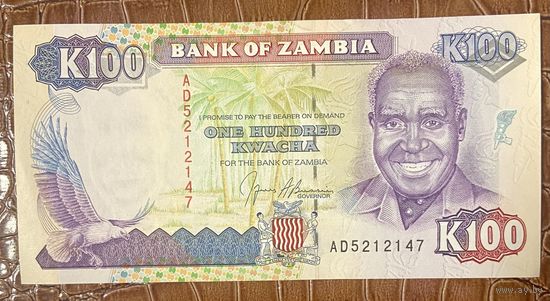 Банкнота 100 квача 1991 год. Замбия. Первый президент Замбии Кеннет Каунда. НЕ БЫЛА В ОБОРОТЕ.