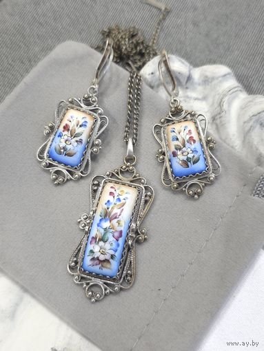 Серьги с кулоном, филигрань, скань, финифть, винтаж, СССР, мельхиор