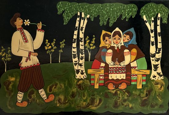 Живописное лаковое панно в стиле Палех ручная роспись СССР