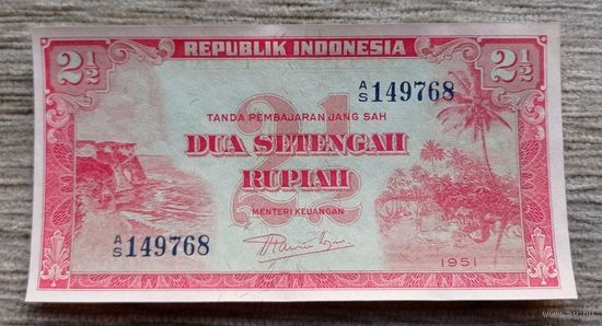 Werty71 Индонезия 2,5 рупии 1951 aUNC банкнота 2 1/2