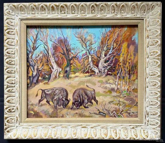 Поплавский Г.Г. Каталожная работа "Осенняя пора.Схватка великанов", 2004г. Холст, акрил. Размер 55х65 см.