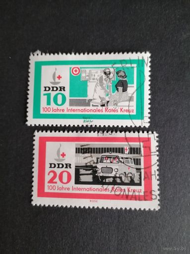 ГДР 1963 Полная серия марок "100-летие Международного Красного креста" (спецгашение с клеем и наклейками) Mi.956-957 каталог 2.50 евро