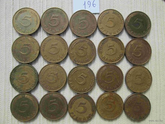 20 монет по 5 пфеннигов ФРГ