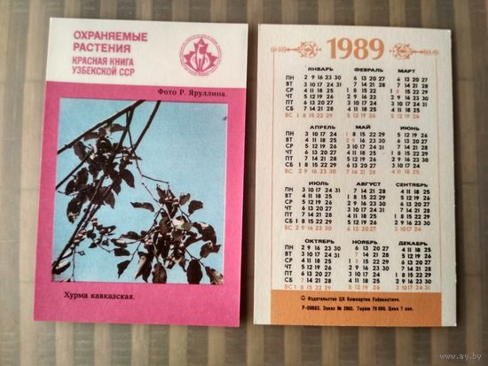 Карманный календарик. Охраняемые растения Узбекистана. 1989 год