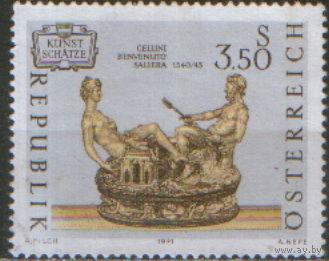 Марка из серии 1971г. Австрия "Арт-объекты: посуда. Солонка "Сальера" Бенвенуто Челлини" MNH