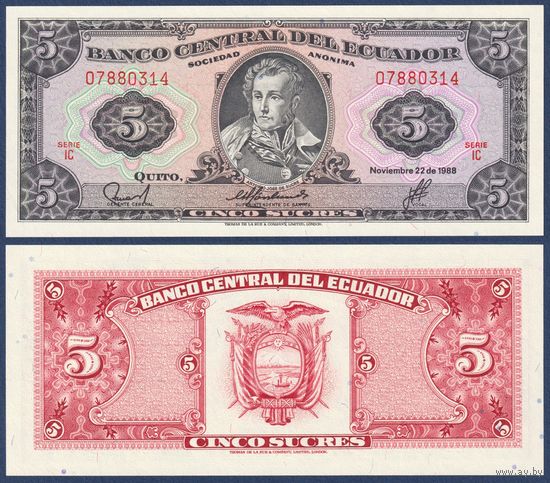 Эквадор, 5 сукре 1988 г., P-113d(3) (IC, правитель Антонио Хосе Сукре), UNC