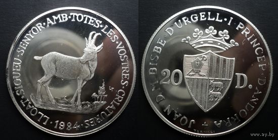 Андорра 20 динеров 1984 "Пиренейская серна" PROOF, серебро