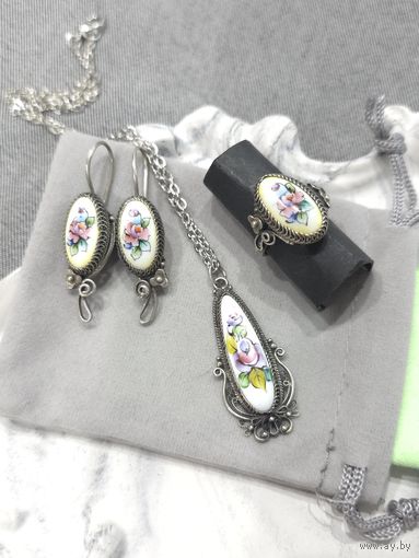 Комплект серьги, кольцо, кулон скань, финифть, винтаж, СССР, мельхиор