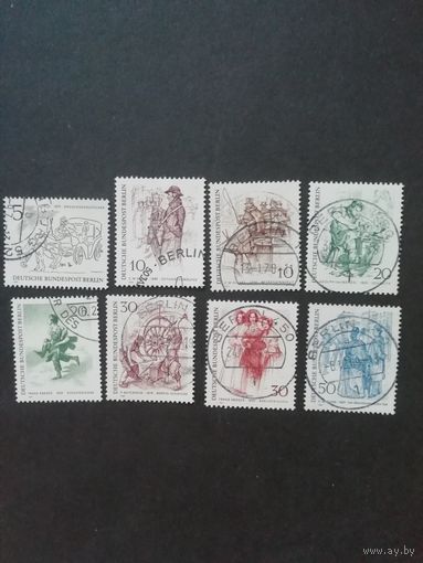 Западный Берлин. 1969 Серия из 8 марок "Жизнь Берлина в ХIХ веке в рисунках и гравюрах" (гашеные без клея с наклейками) Mi.330-337 каталог 4.50 евро